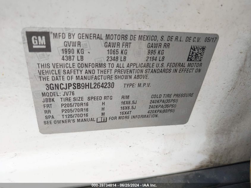 2017 Chevrolet Trax Lt VIN: 3GNCJPSB9HL264230 Lot: 39734814