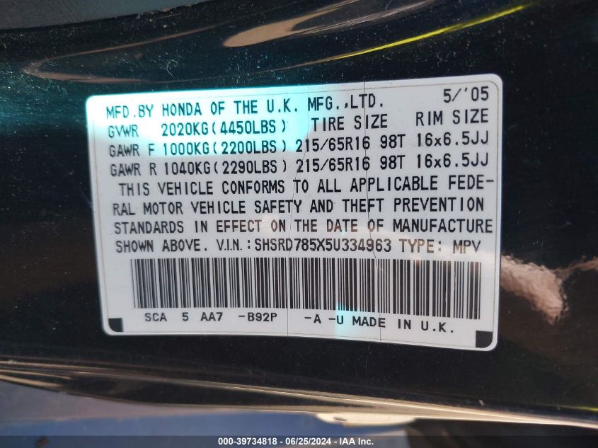 2005 Honda Cr-V Lx VIN: SHSRD785X5U334963 Lot: 39734818