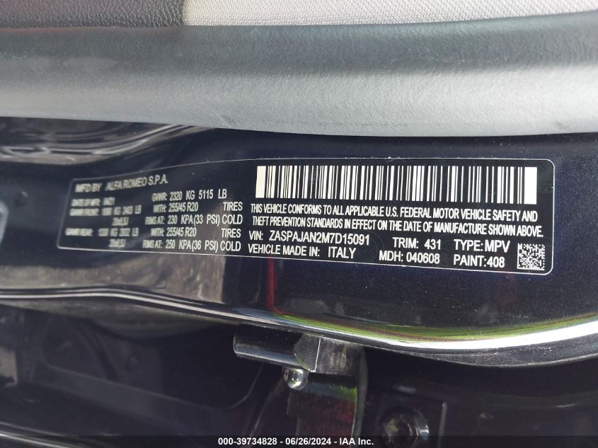 2021 Alfa Romeo Stelvio Rwd VIN: ZASPAJAN2M7D15091 Lot: 39734828