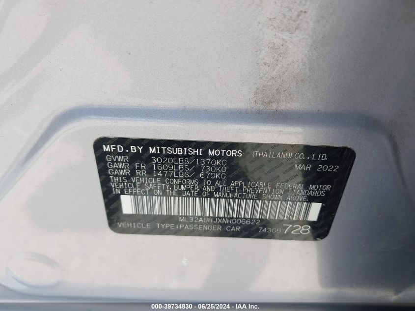 2022 Mitsubishi Mirage Es/Le VIN: ML32AUHJXNH006622 Lot: 39734830