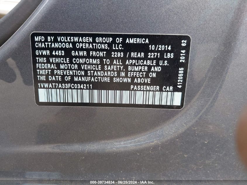 2015 Volkswagen Passat 1.8T S VIN: 1VWAT7A33FC034211 Lot: 39734834