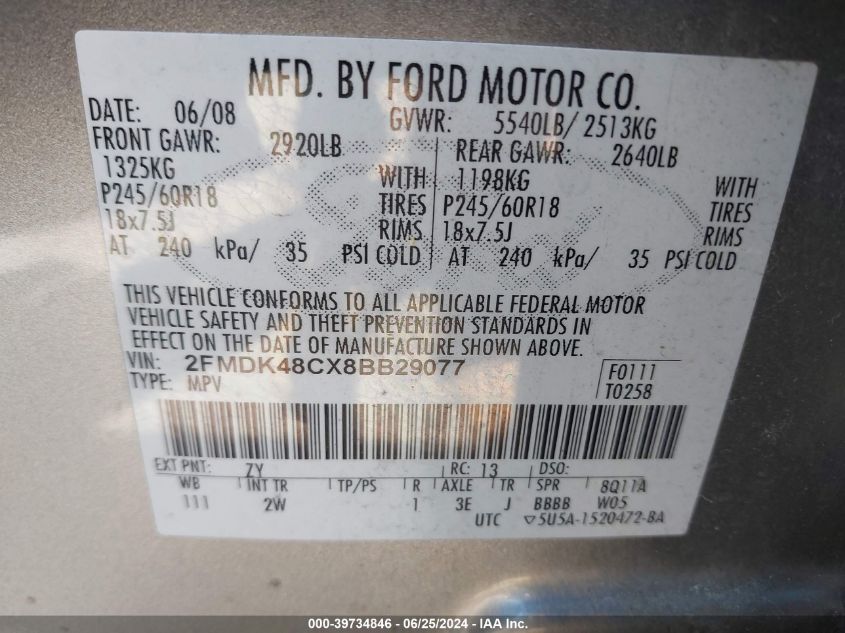 2008 Ford Edge Sel VIN: 2FMDK48CX8BB29077 Lot: 39734846