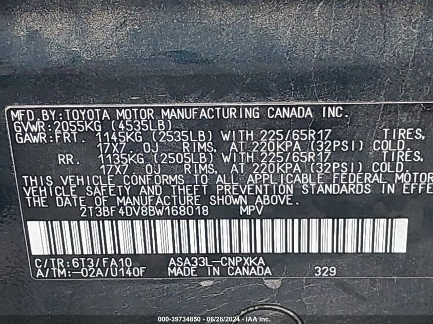 2011 Toyota Rav4 VIN: 2T3BF4DV8BW168018 Lot: 39734850