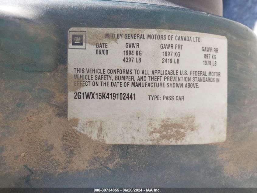 2001 Chevrolet Monte Carlo Ss VIN: 2G1WX15K419102441 Lot: 39734855
