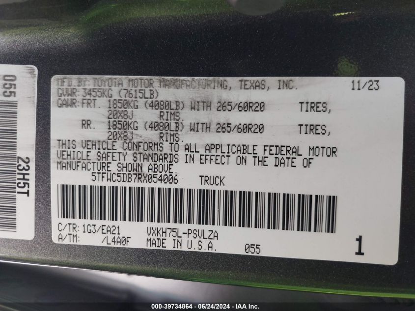 2024 Toyota Tundra Hybrid Limited VIN: 5TFWC5DB7RX054006 Lot: 39734864