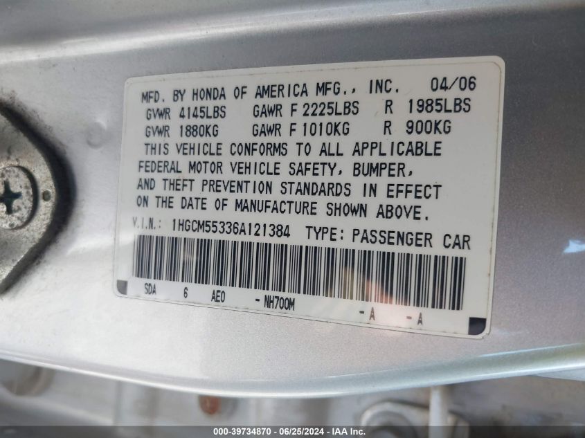 2006 Honda Accord 2.4 Se VIN: 1HGCM55336A121384 Lot: 39734870