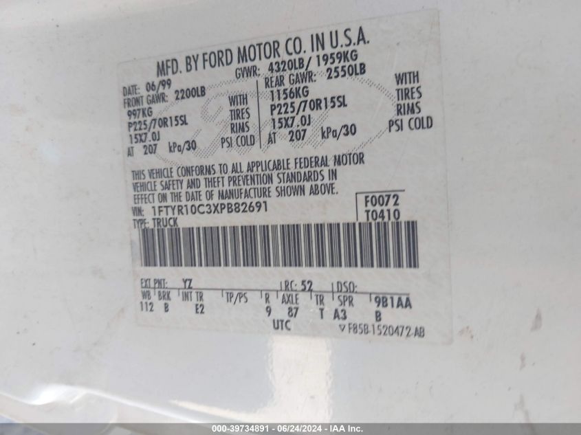 1999 Ford Ranger Xl/Xlt VIN: 1FTYR10C3XPB82691 Lot: 39734891
