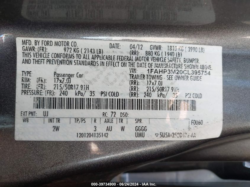 2012 Ford Focus Sel VIN: 1FAHP3M20CL395754 Lot: 39734900