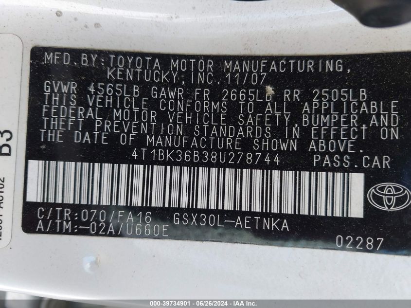 2008 Toyota Avalon Xl VIN: 4T1BK36B38U278744 Lot: 39734901