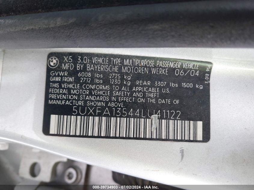 2004 BMW X5 3.0I VIN: 5UXFA13544LU41122 Lot: 39734903