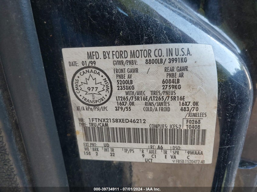 1999 Ford F-250 Lariat/Xl/Xlt VIN: 1FTNX21S8XED46212 Lot: 39734911