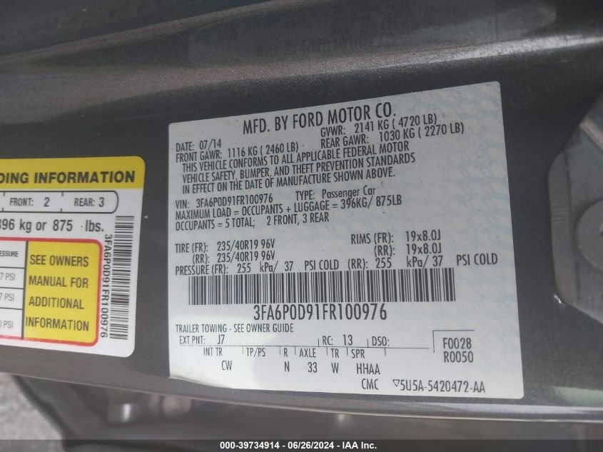 3FA6P0D91FR100976 | 2015 FORD FUSION