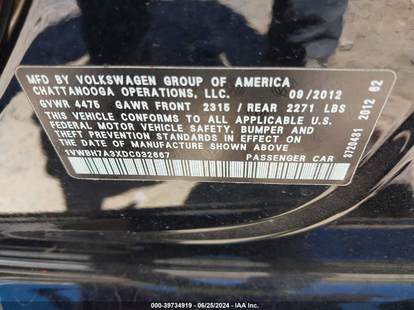 2013 Volkswagen Passat Se VIN: 1VWBH7A3XDC032667 Lot: 39734919