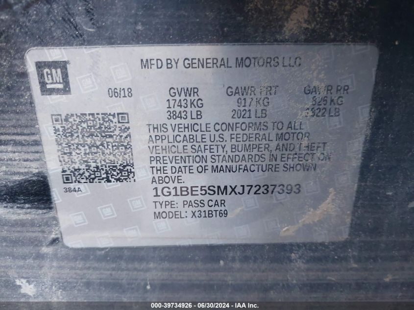 2018 Chevrolet Cruze Lt VIN: 1G1BE5SMXJ7237393 Lot: 39734926