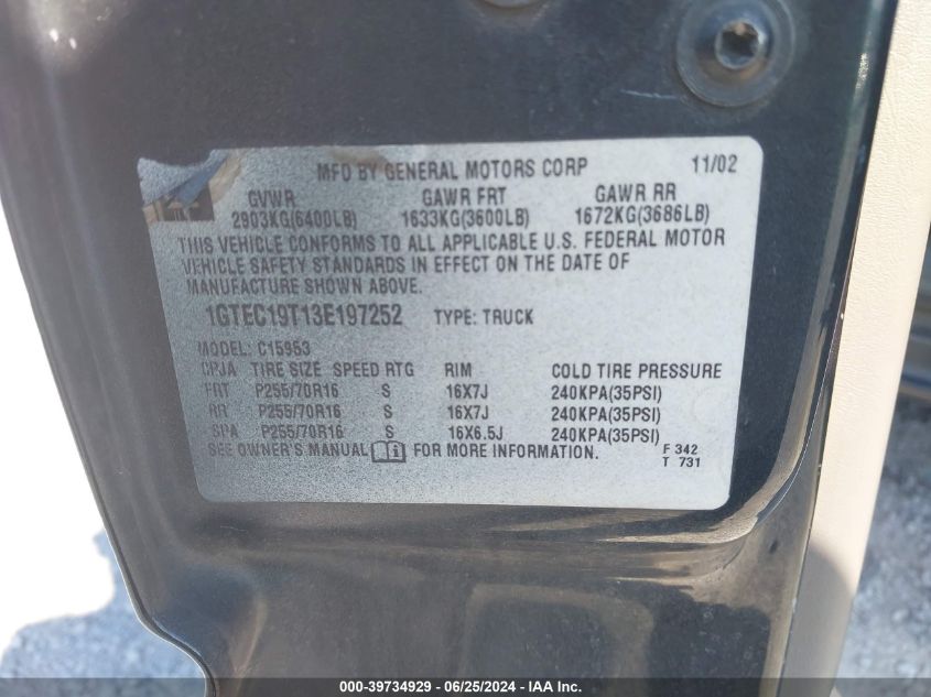 2003 GMC New Sierra C1500 VIN: 1GTEC19T13E197252 Lot: 39734929