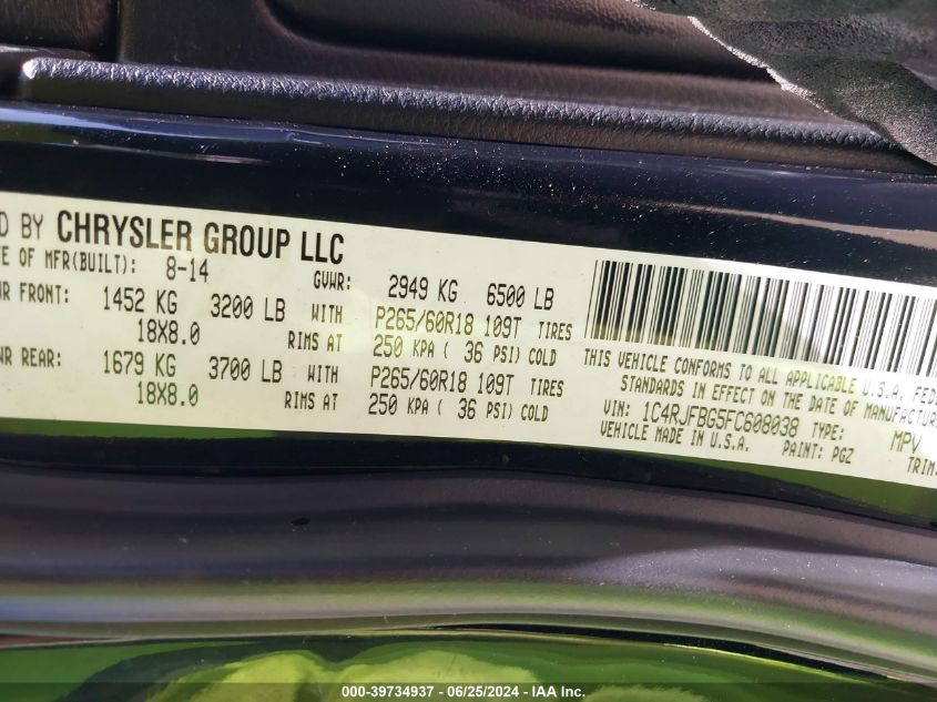 2015 Jeep Grand Cherokee Limited VIN: 1C4RJFBG5FC608038 Lot: 39734937