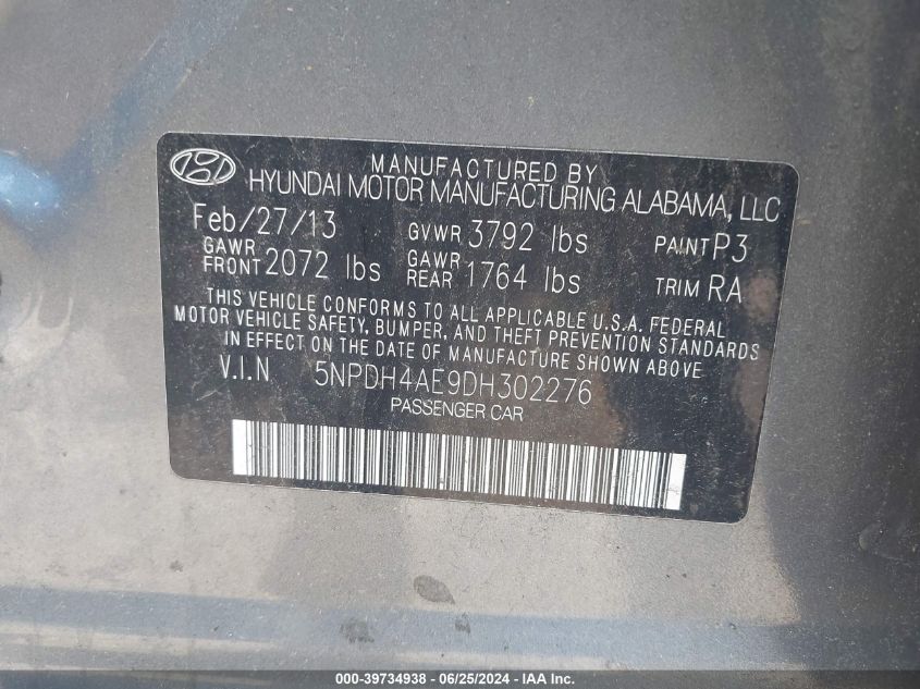 5NPDH4AE9DH302276 | 2013 HYUNDAI ELANTRA