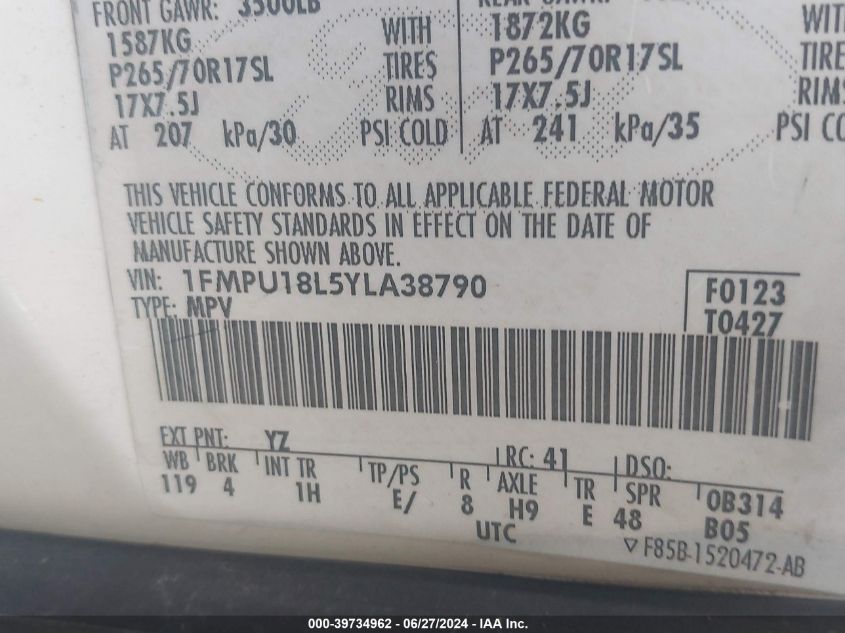 2000 Ford Expedition Eddie Bauer VIN: 1FMPU18L5YLA38790 Lot: 39734962