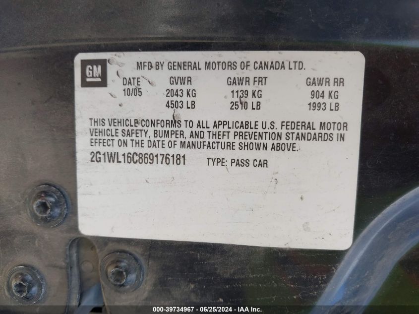 2006 Chevrolet Monte Carlo Ss VIN: 2G1WL16C869176181 Lot: 39734967