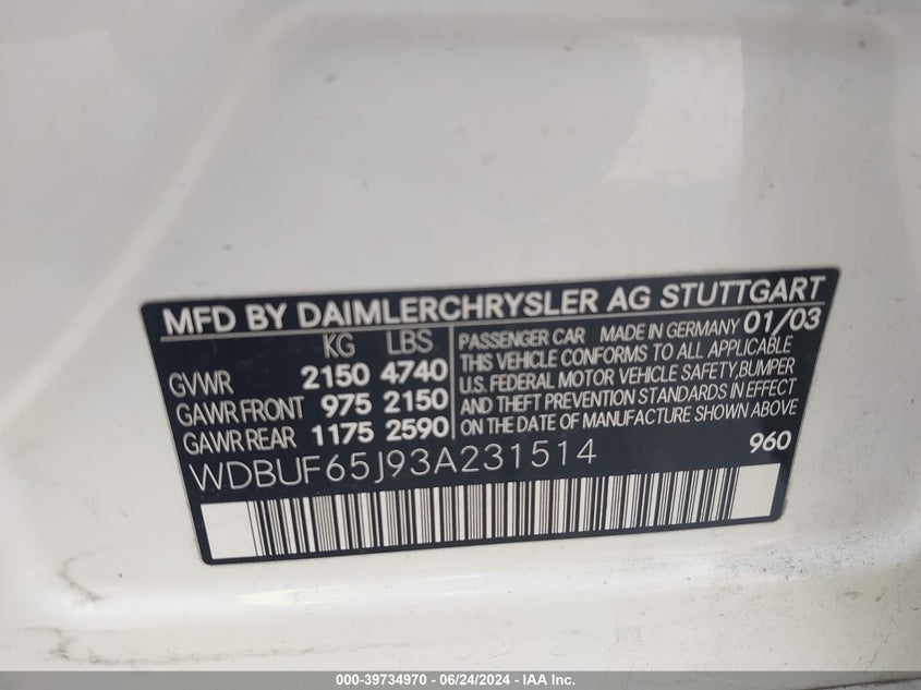 2003 Mercedes-Benz E 320 VIN: WDBUF65J93A231514 Lot: 39734970