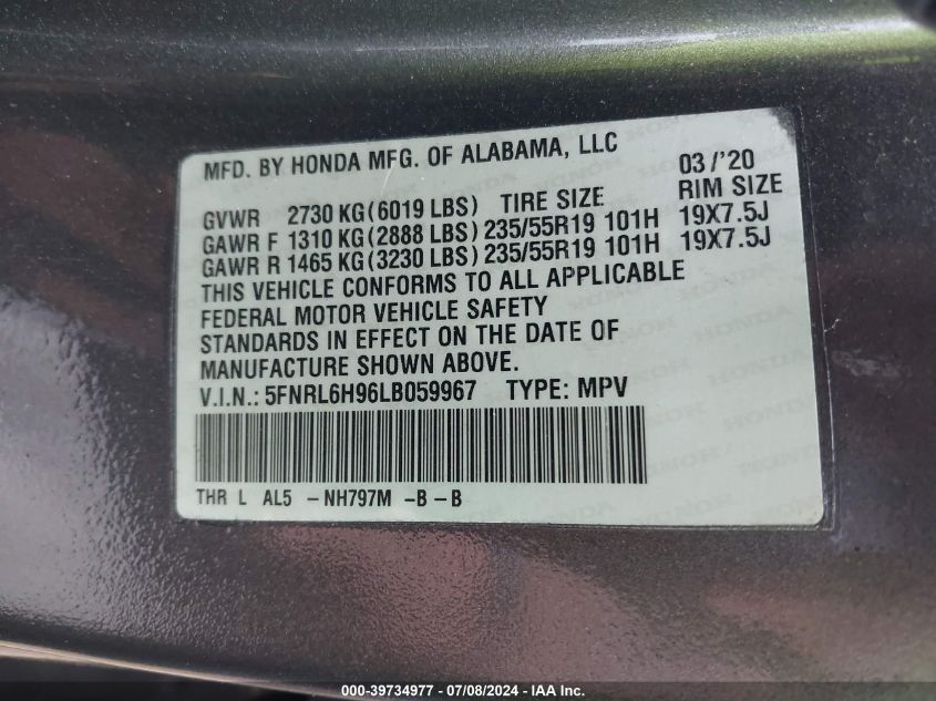 2020 Honda Odyssey Elite VIN: 5FNRL6H96LB059967 Lot: 39734977