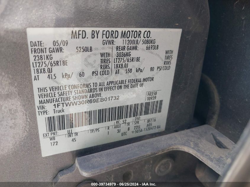 2009 Ford F-350 Lariat VIN: 1FTWW30R69EB01732 Lot: 39734979