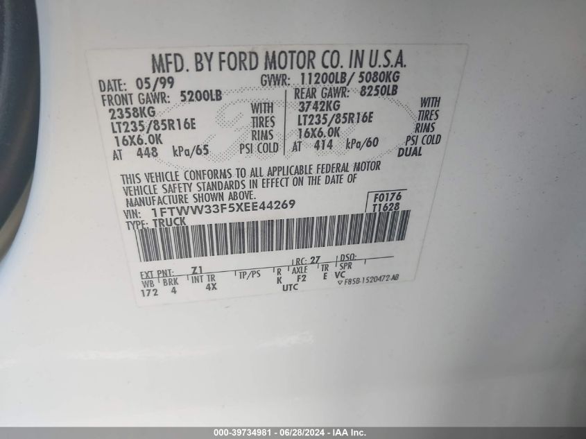 1999 Ford F350 Super Duty VIN: 1FTWW33F5XEE44269 Lot: 39734981