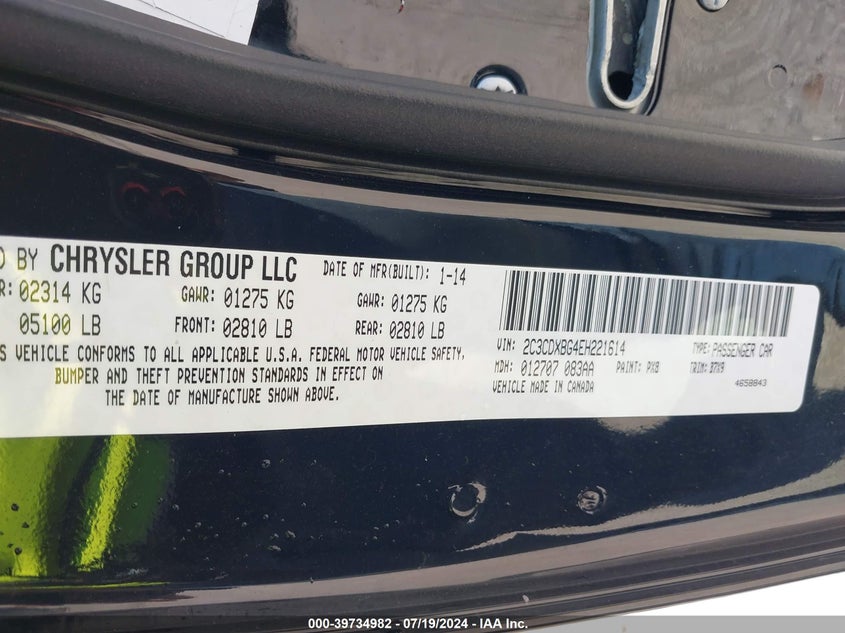 2014 Dodge Charger Se VIN: 2C3CDXBG4EH221614 Lot: 39734982