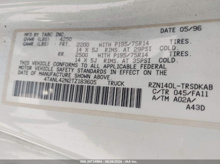 1996 Toyota Tacoma VIN: 4TANL42N2TZ183605 Lot: 39734984
