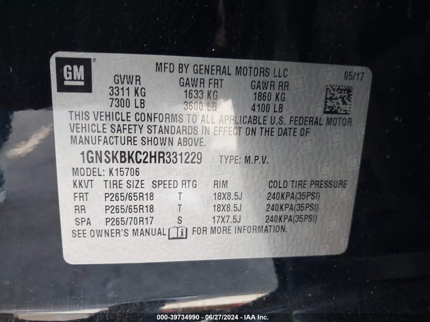 2017 CHEVROLET TAHOE LT - 1GNSKBKC2HR331229