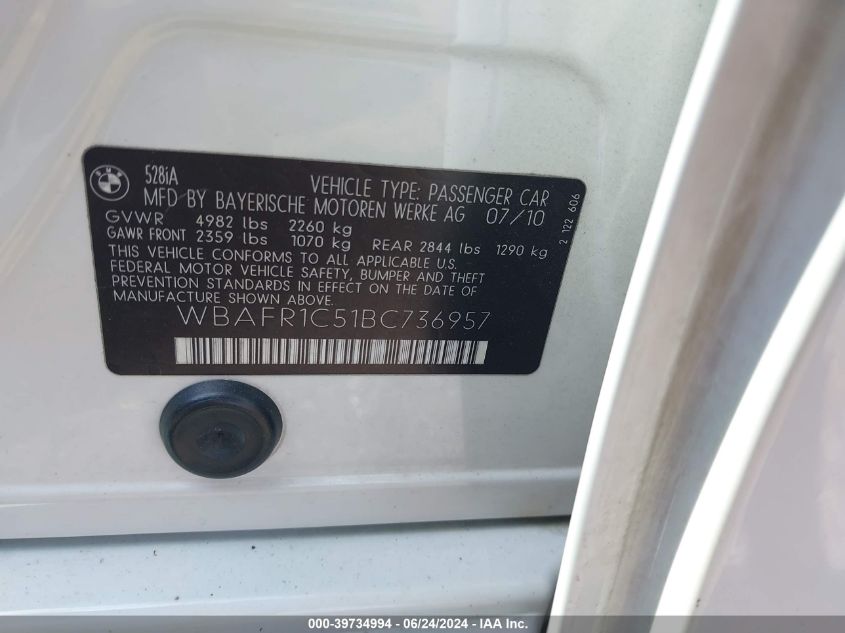 2011 BMW 528I VIN: WBAFR1C51BC736957 Lot: 39734994
