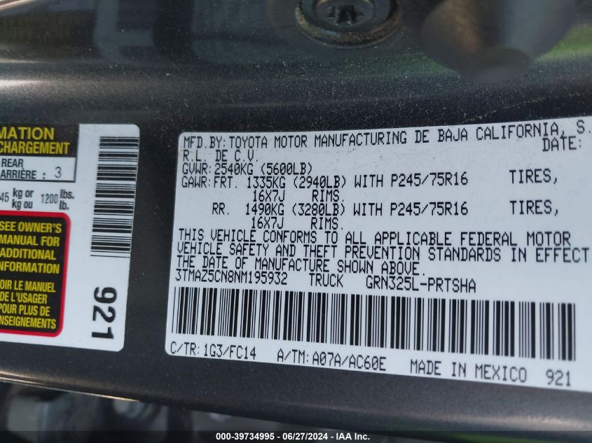 2022 Toyota Tacoma Sr5 V6 VIN: 3TMAZ5CN8NM195932 Lot: 39734995