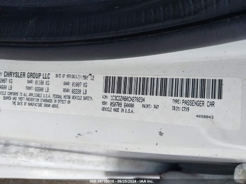 2012 Dodge Avenger Se VIN: 1C3CDZAB0CN270234 Lot: 39735010