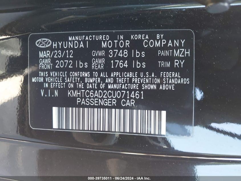 2012 Hyundai Veloster Base W/Black VIN: KMHTC6AD2CU071461 Lot: 39735011