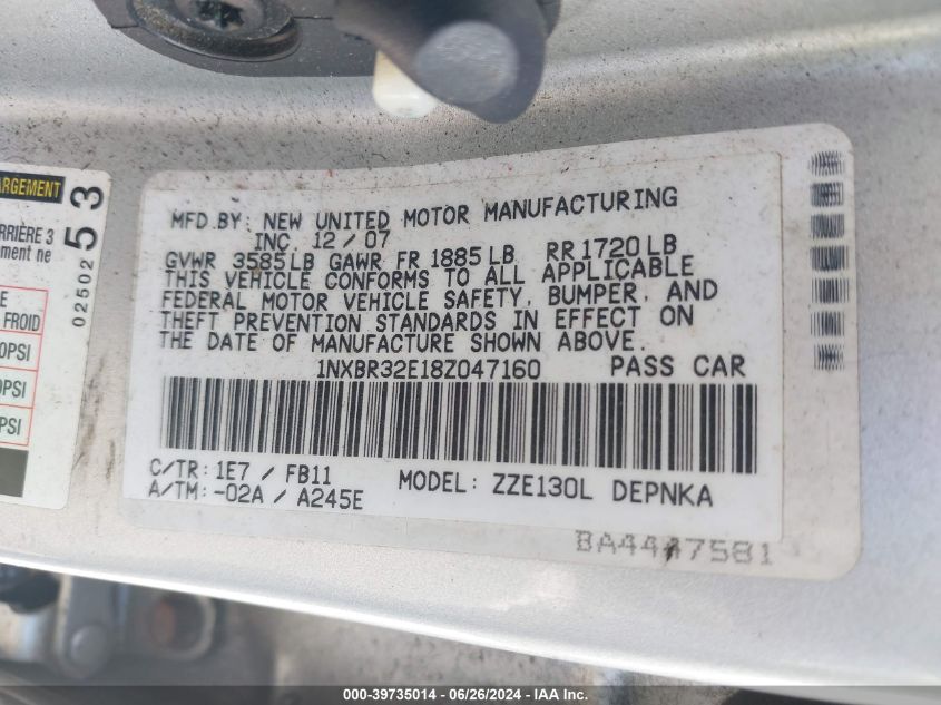 2008 Toyota Corolla Le VIN: 1NXBR32E18Z047160 Lot: 39735014