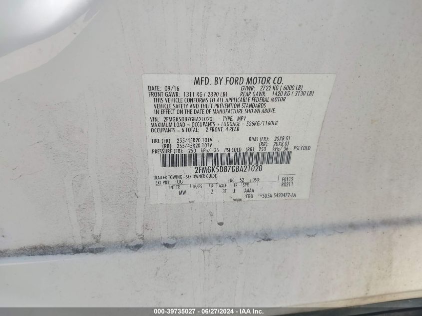 2016 Ford Flex Limited VIN: 2FMGK5D87GBA21020 Lot: 39735027