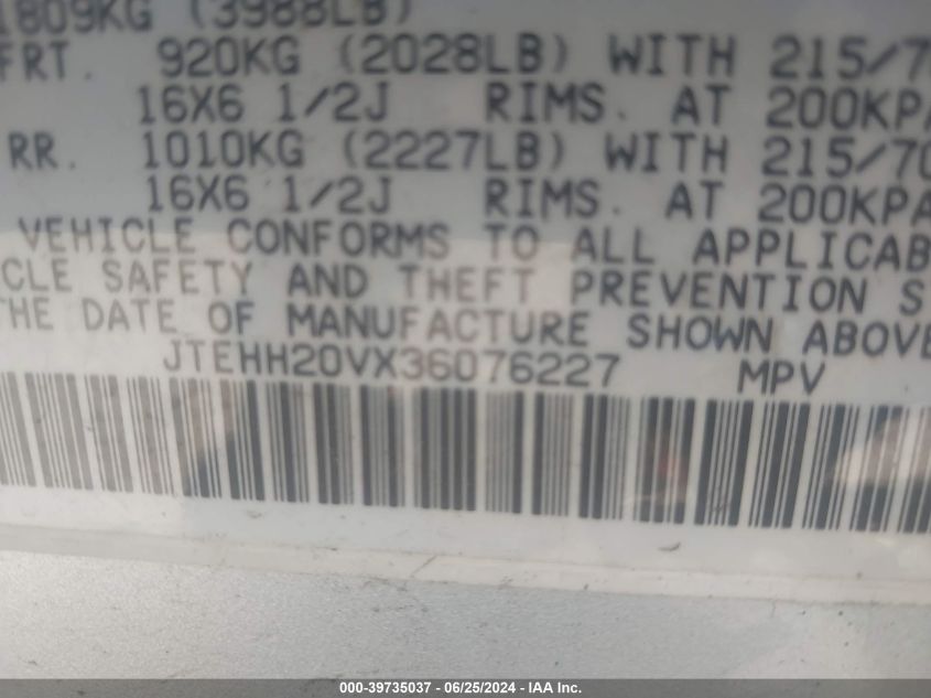 2003 Toyota Rav4 VIN: JTEHH20VX36076227 Lot: 39735037