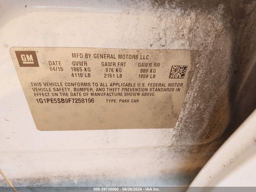 1G1PE5SB9F7258196 2015 Chevrolet Cruze Lt