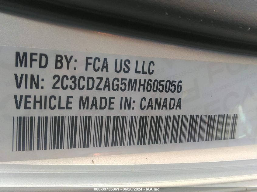 2021 Dodge Challenger Sxt VIN: 2C3CDZAG5MH605056 Lot: 39735061