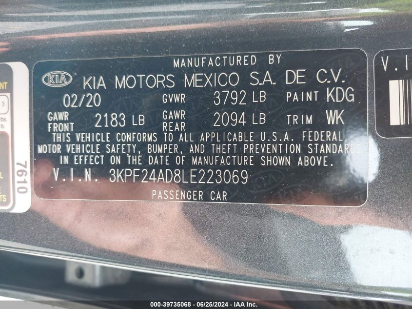 3KPF24AD8LE223069 | 2020 KIA FORTE