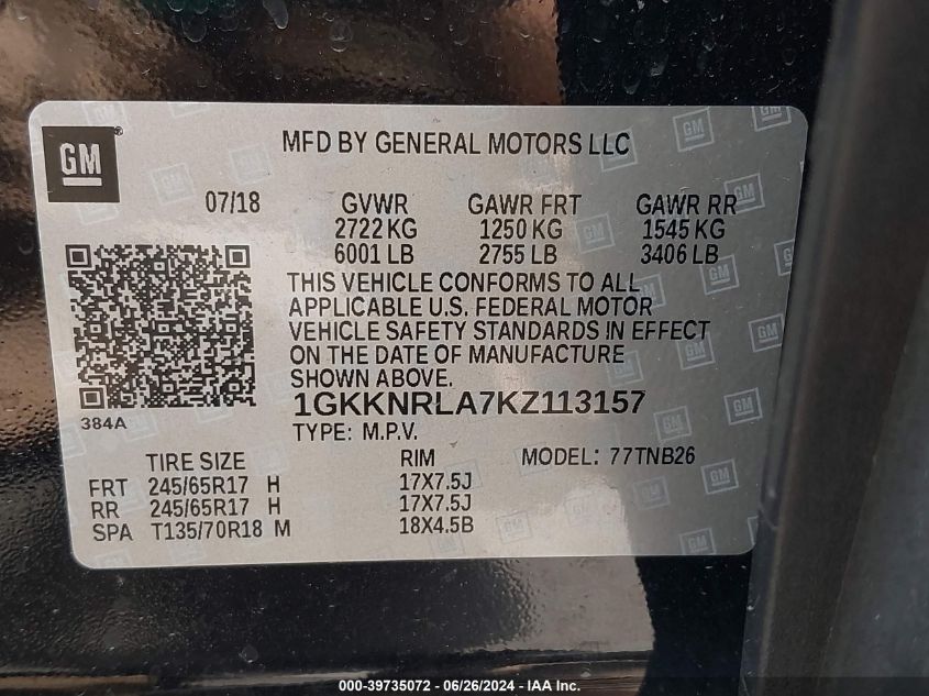 2019 GMC Acadia Sle-1 VIN: 1GKKNRLA7KZ113157 Lot: 39735072