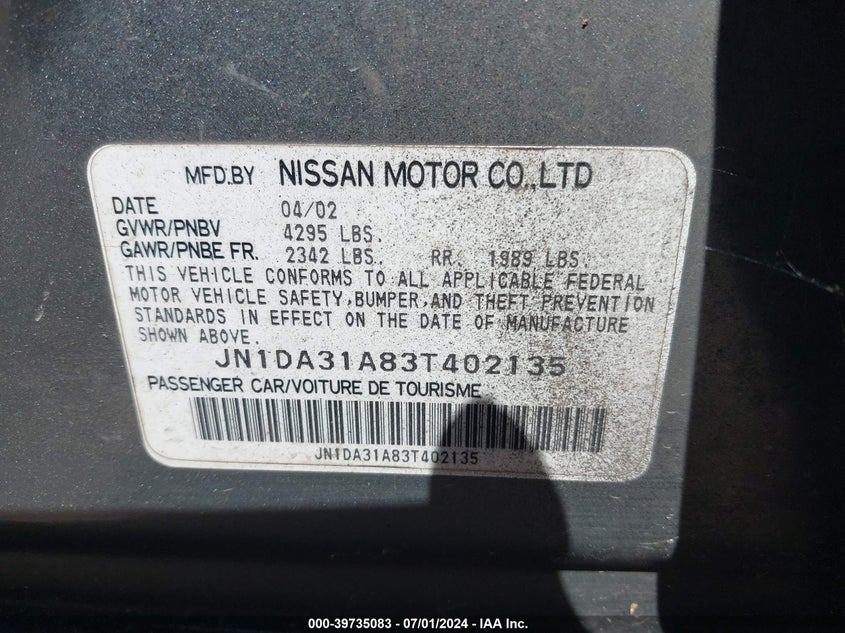 2003 Nissan Maxima Se VIN: JN1DA31A83T402135 Lot: 39735083