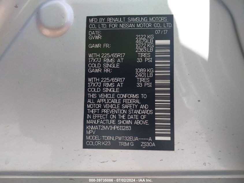 2017 Nissan Rogue S VIN: KNMAT2MV1HP611283 Lot: 39735086