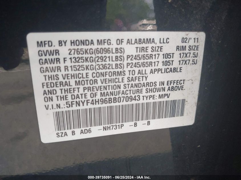 2011 Honda Pilot Touring VIN: 5FNYF4H96BB070943 Lot: 39735091
