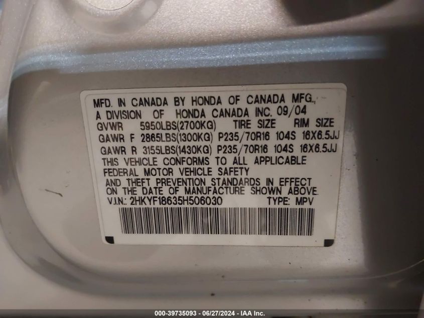 2005 Honda Pilot Ex-L VIN: 2HKYF18635H506030 Lot: 39735093