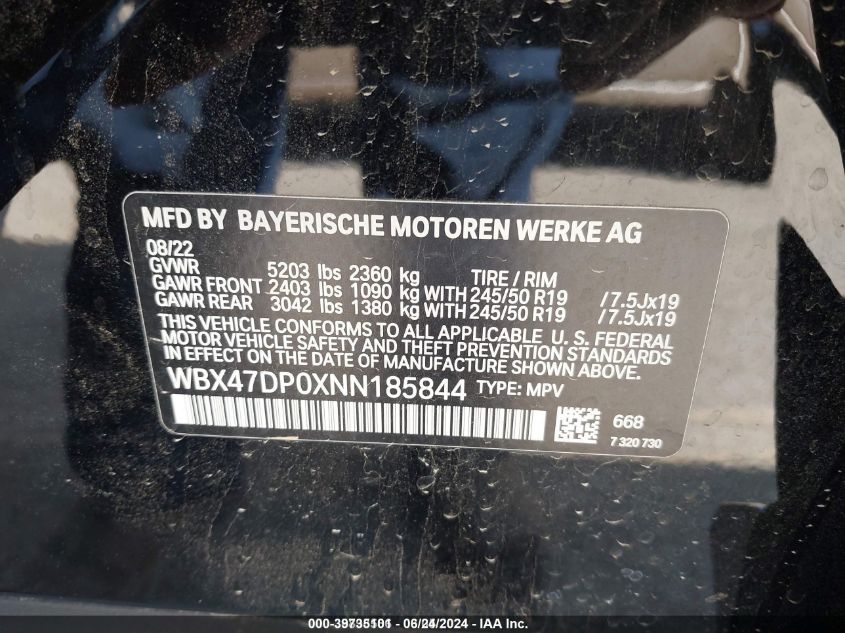 2022 BMW X3 Sdrive30I VIN: WBX47DP0XNN185844 Lot: 39735101