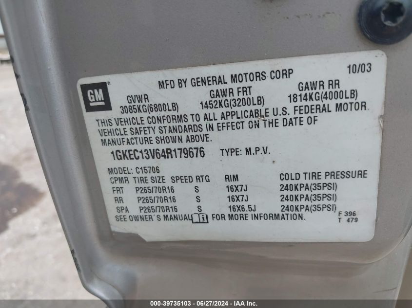 2004 GMC Yukon VIN: 1GKEC13V64R179676 Lot: 39735103