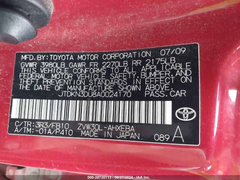 2010 Toyota Prius Iii VIN: JTDKN3DU8A0024170 Lot: 39735113