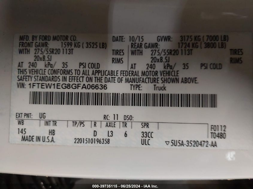 2016 Ford F-150 Lariat VIN: 1FTEW1EG8GFA06636 Lot: 39735115