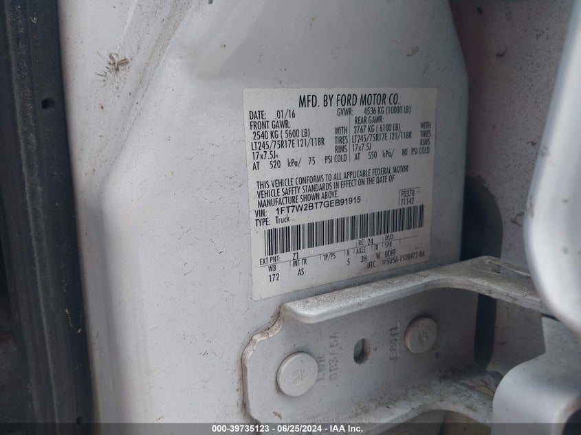 2016 Ford F-250 Xl VIN: 1FT7W2BT7GEB91915 Lot: 39735123